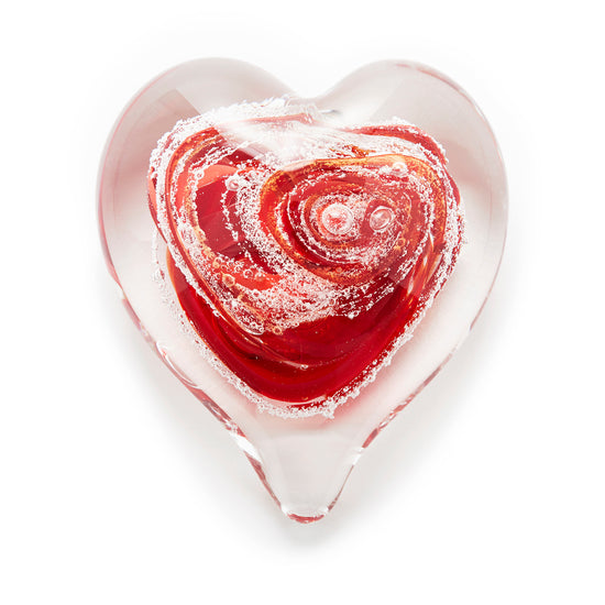 Memorial glass art heart paperweight with cremation ash. Ruby red glass.