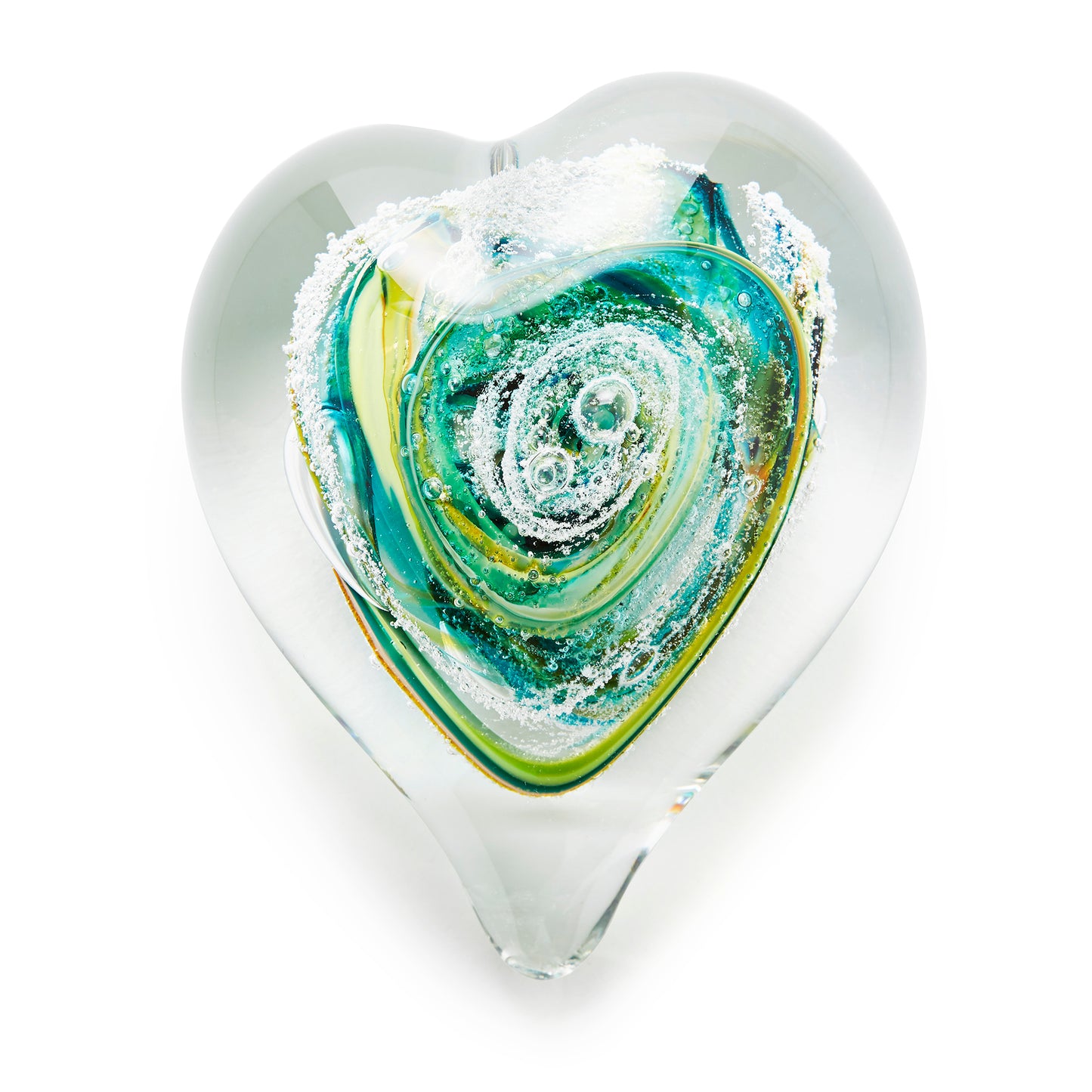 Load image into Gallery viewer, Memorial glass art heart paperweight with cremation ash. Teal blue, yellow, and green glass. Colour combination is called &amp;quot;Summer.&amp;quot;

