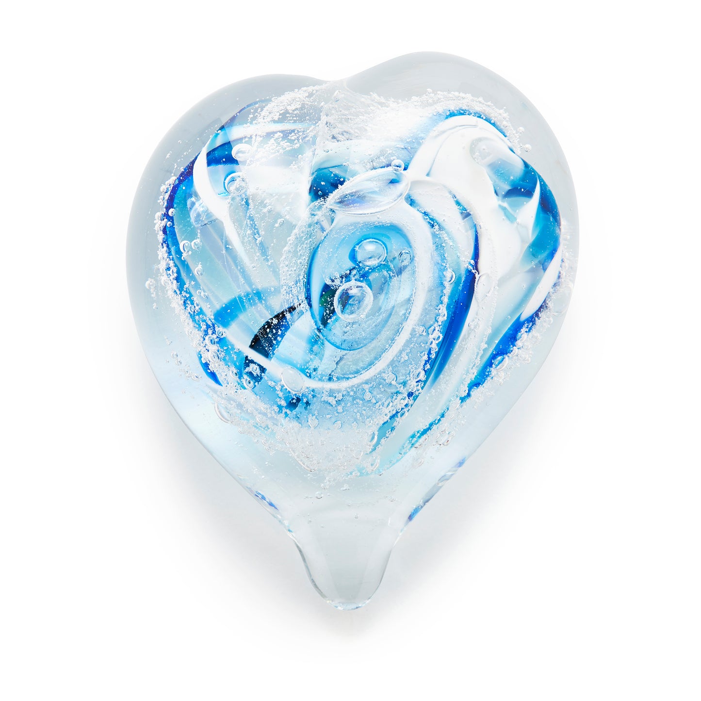 Load image into Gallery viewer, Memorial glass art heart paperweight with cremation ash. Cobalt blue, teal blue, and white glass. Colour combination is called &amp;quot;Winter.&amp;quot;
