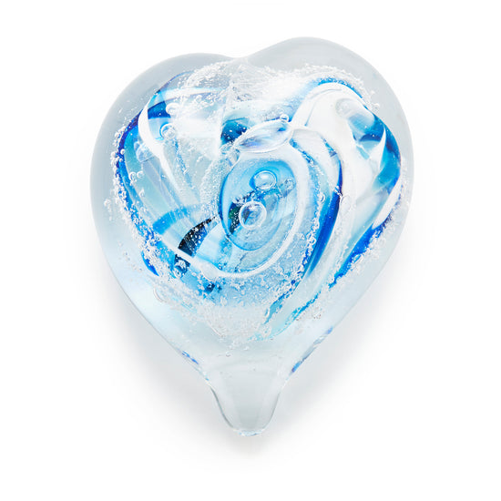 Load image into Gallery viewer, Memorial glass art heart paperweight with cremation ash. Cobalt blue, teal blue, and white glass. Colour combination is called &amp;quot;Winter.&amp;quot;
