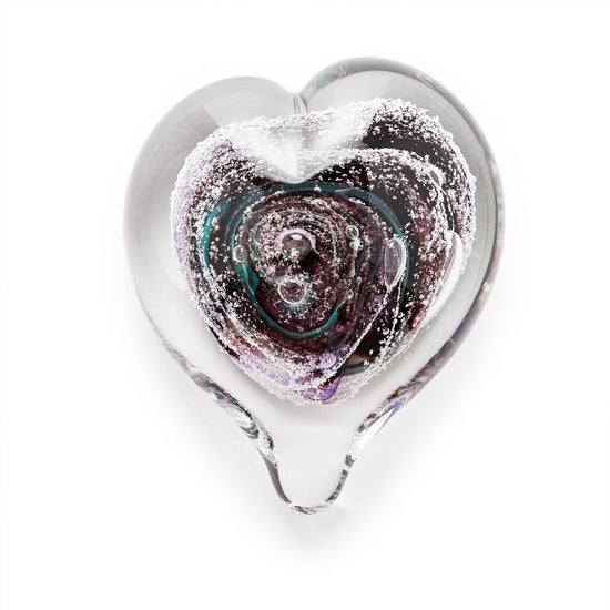 Memorial glass art heart paperweight with cremation ash. Purple and cranberry glass. Colour combination is called "Amethyst."