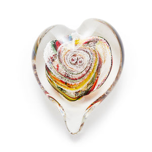 Memorial glass art heart paperweight with cremation ash. Yellow, red, orange, and green glass. Colour combination is called "Autumn."