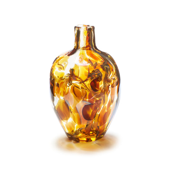 Miniature hand blown glass vase. Iris gold glass.