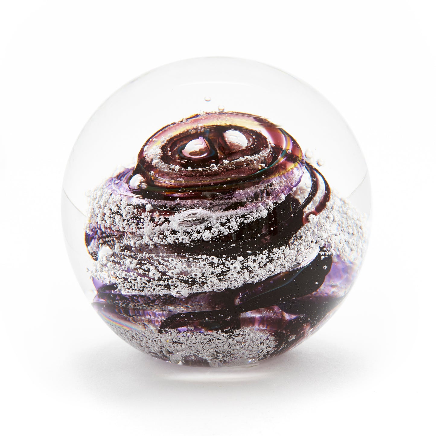Load image into Gallery viewer, Round memorial glass art paperweight with cremation ash. Purple and cranberry glass. Colour combination is called &amp;quot;Amethyst.&amp;quot;
