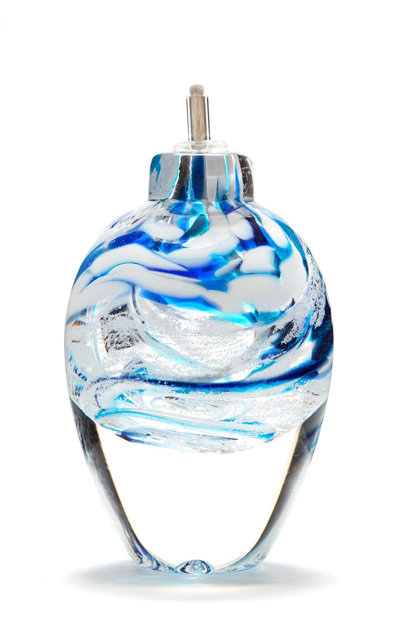Memorial glass art tall eternal flame oil lamp with cremation ash. Cobalt blue, teal blue, and white glass. Colour combination is called "Winter."