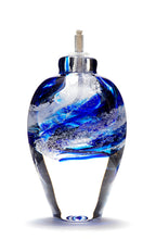 Load image into Gallery viewer, Memorial glass art tall eternal flame oil lamp with cremation ash. Cobalt blue glass.