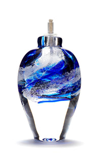 Memorial glass art tall eternal flame oil lamp with cremation ash. Cobalt blue glass.