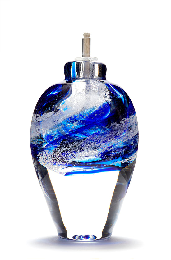 Load image into Gallery viewer, Memorial glass art tall eternal flame oil lamp with cremation ash. Cobalt blue glass.
