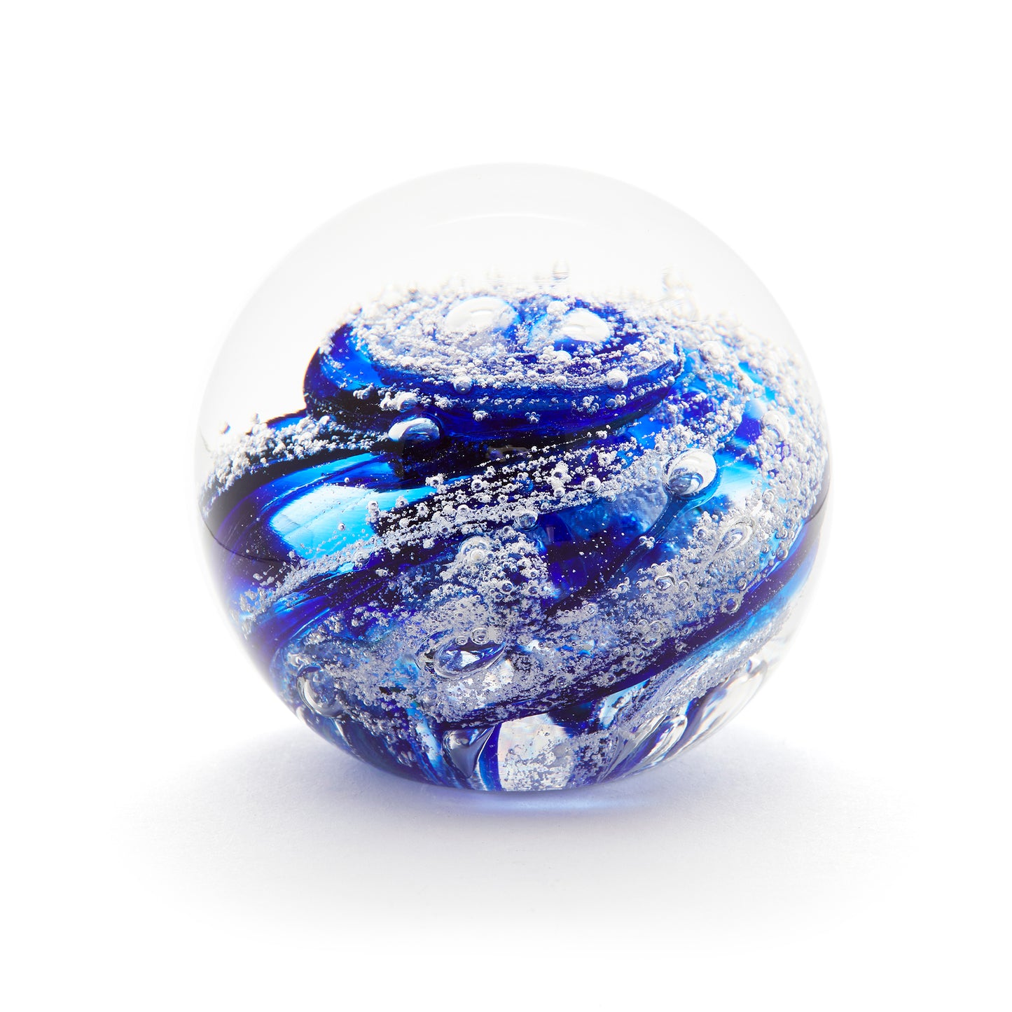 Load image into Gallery viewer, Round memorial glass art paperweight with cremation ash. Cobalt blue glass.
