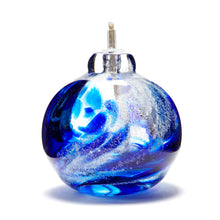 Load image into Gallery viewer, Round memorial glass art eternal flame oil lamp with cremation ash. Cobalt blue glass.