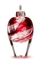 Load image into Gallery viewer, Memorial glass art tall eternal flame oil lamp with cremation ash. Cranberry glass.