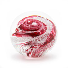 Load image into Gallery viewer, Round memorial glass art paperweight with cremation ash. Cranberry glass.
