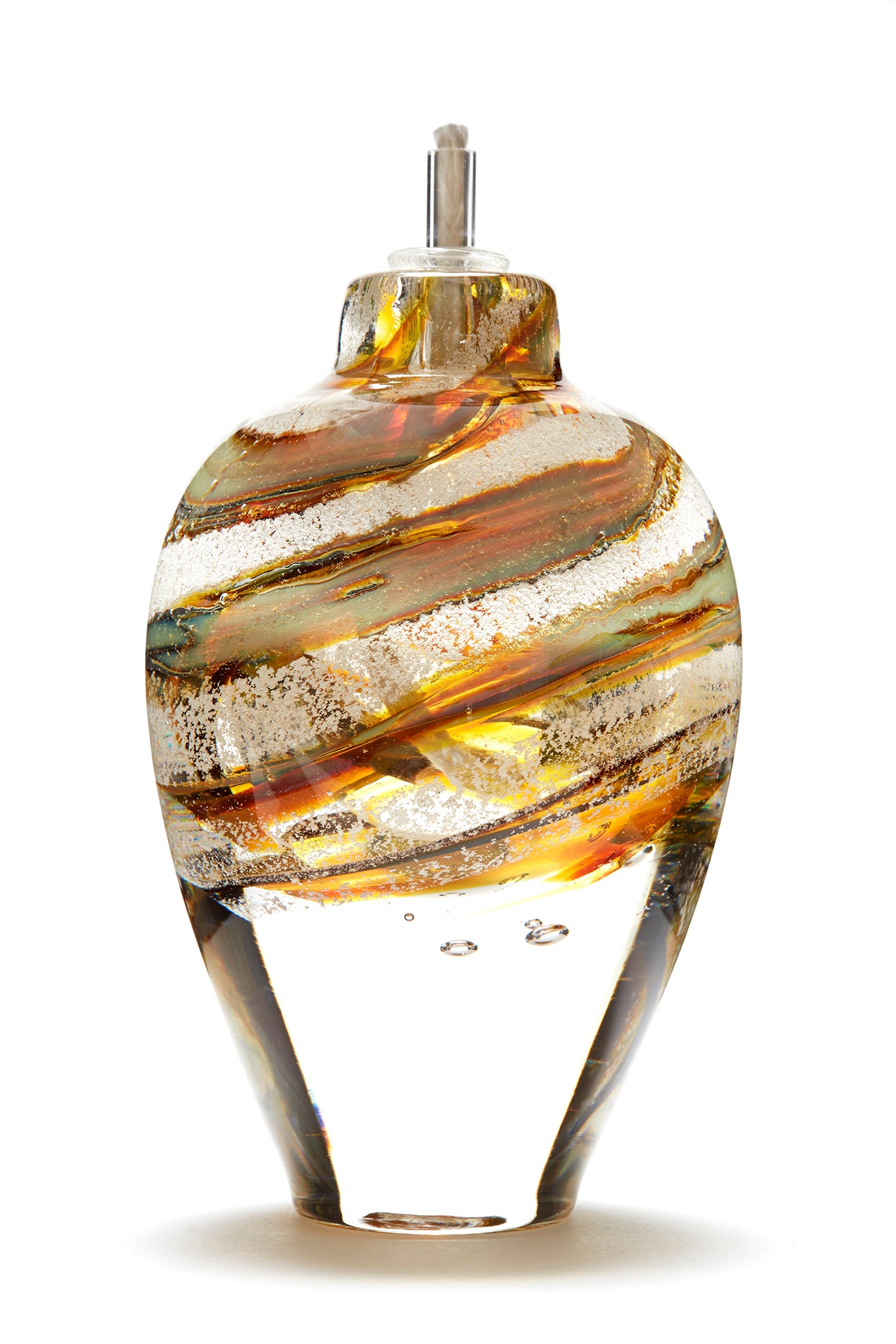 Load image into Gallery viewer, Memorial glass art tall eternal flame oil lamp with cremation ash. Iris gold glass.
