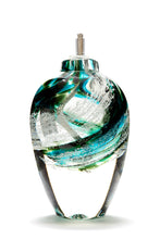 Load image into Gallery viewer, Memorial glass art tall eternal flame oil lamp with cremation ash. Green glass. Colour combination is called “Emerald.”