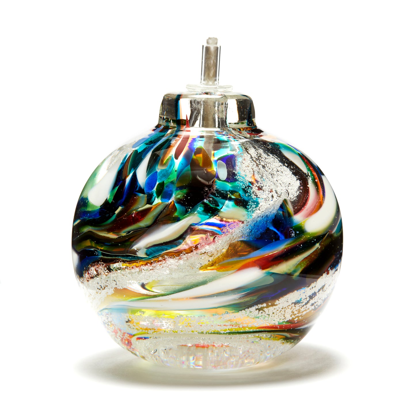 Round memorial glass art eternal flame oil lamp with cremation ash. Purple, blue, yellow, red, orange, green, and white glass. Colour combination is called "Multi."