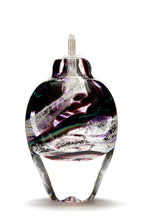 Load image into Gallery viewer, Memorial glass art tall eternal flame oil lamp with cremation ash. Purple and cranberry glass. Colour combination is called &quot;Amethyst.&quot;