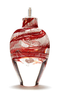 Memorial glass art tall eternal flame oil lamp with cremation ash. Ruby red glass.