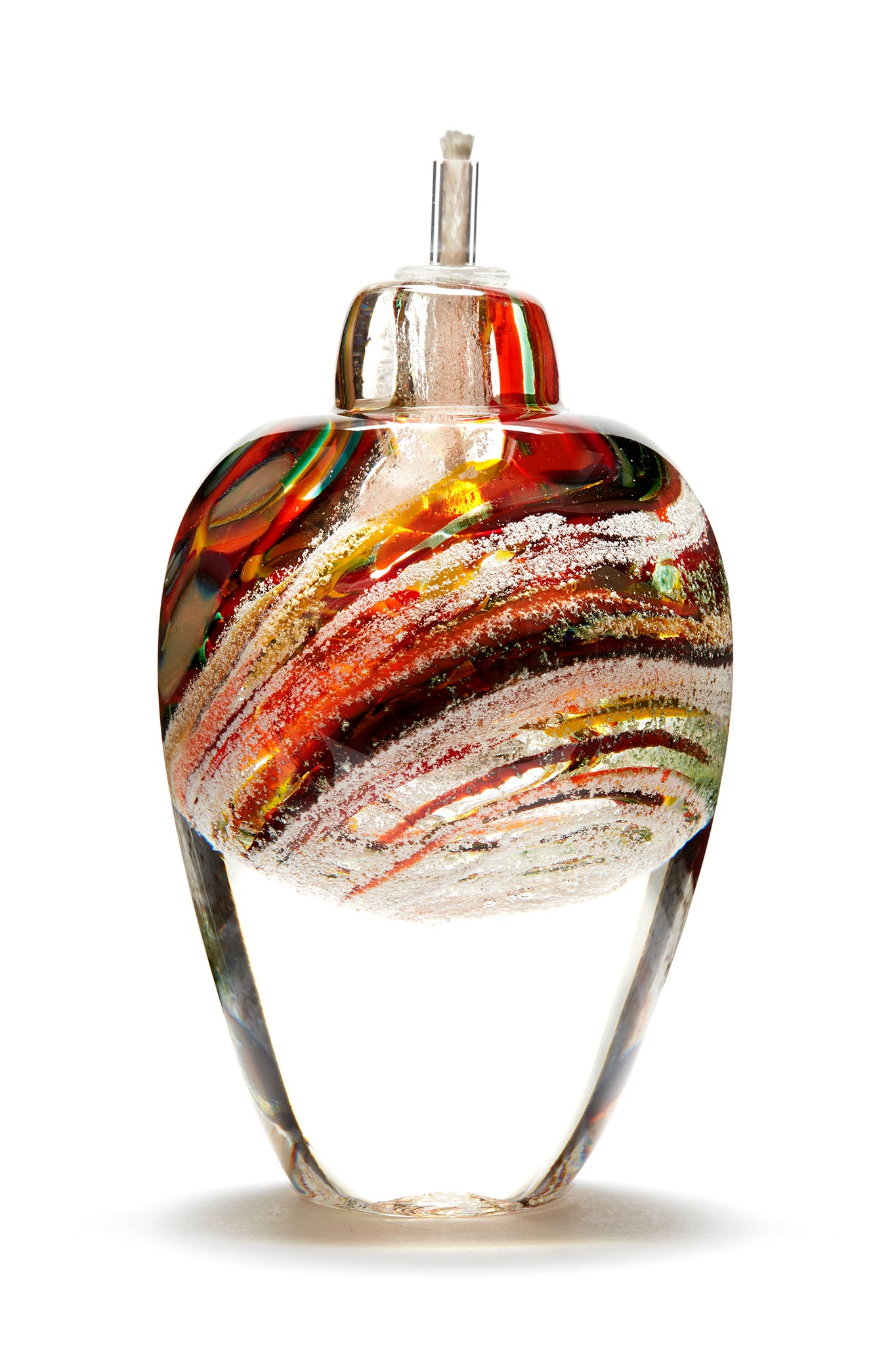 Load image into Gallery viewer, Memorial glass art tall eternal flame oil lamp with cremation ash. Yellow, red, orange, and green glass. Colour combination is called &amp;quot;Autumn.&amp;quot;
