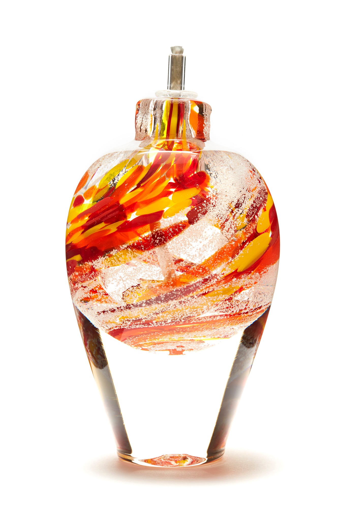 Load image into Gallery viewer, Memorial glass art tall eternal flame oil lamp with cremation ash. Red, yellow, and orange glass. Colour combination is called &amp;quot;Sunburst.&amp;quot;
