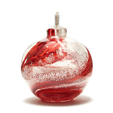Load image into Gallery viewer, Round memorial glass art eternal flame oil lamp with cremation ash. Ruby red glass.