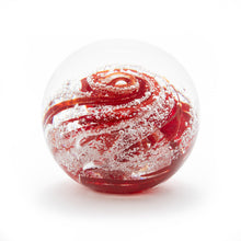 Load image into Gallery viewer, Round memorial glass art paperweight with cremation ash. Ruby red glass.