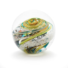 Load image into Gallery viewer, Round memorial glass art paperweight with cremation ash. Teal blue, yellow, and green glass. Colour combination is called &quot;Summer.&quot;