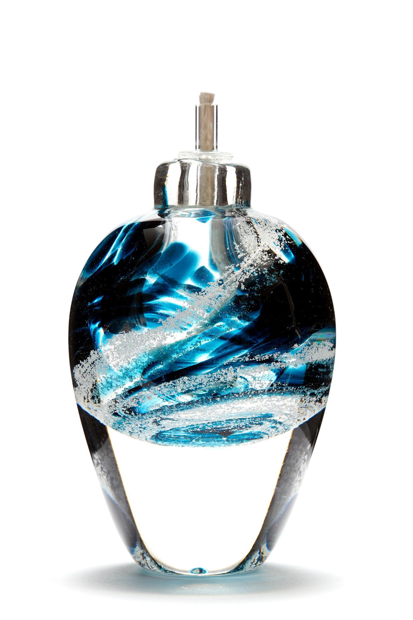 Memorial glass art tall eternal flame oil lamp with cremation ash. Teal blue glass. Colour combination is called "Ocean Wave."