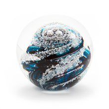 Load image into Gallery viewer, Round memorial glass art paperweight with cremation ash. Teal blue and purple glass. Colour combination is called &quot;Amethyst Teal.&quot;