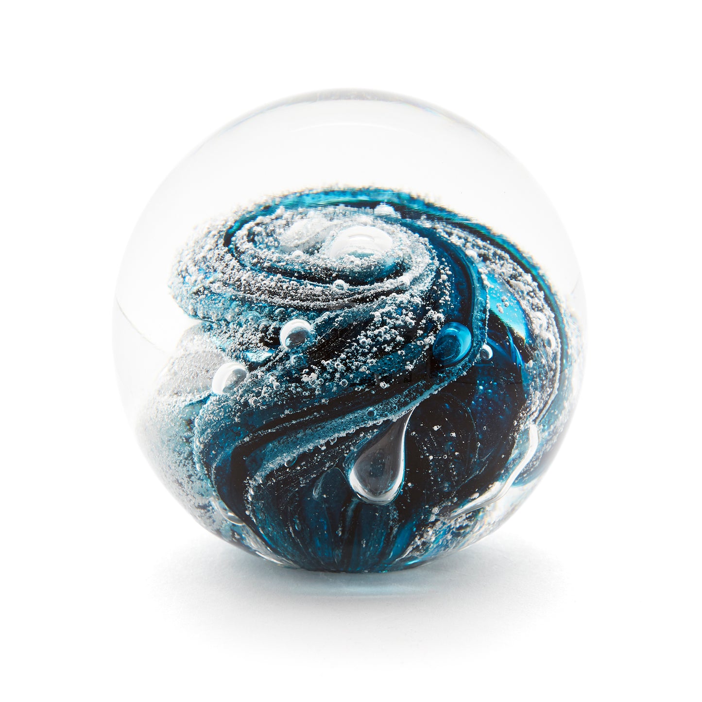 Round memorial glass art paperweight with cremation ash. Teal blue glass. Colour combination is called "Ocean Wave."