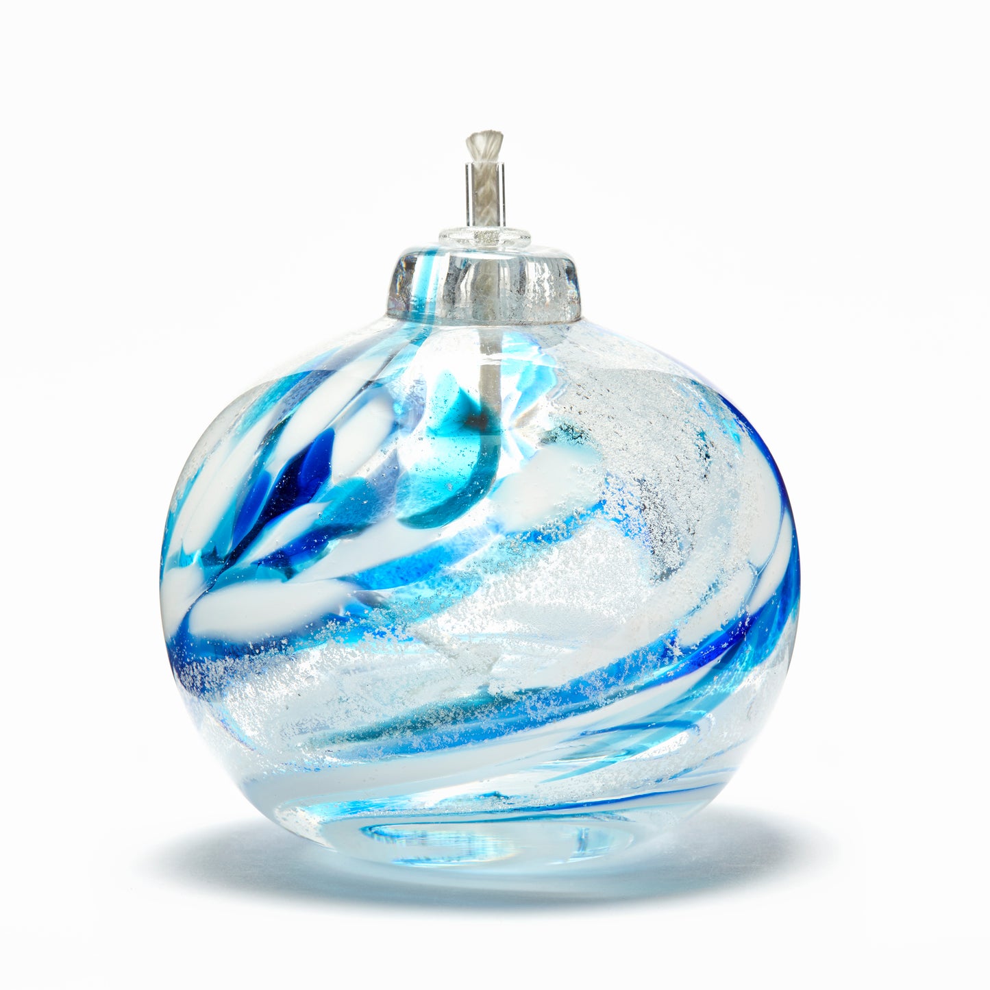 Load image into Gallery viewer, Round memorial glass art eternal flame oil lamp with cremation ash. Cobalt blue, teal blue, and white glass. Colour combination is called &amp;quot;Winter.&amp;quot;
