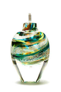 Memorial glass art tall eternal flame oil lamp with cremation ash. Teal blue, yellow, and green glass. Colour combination is called "Summer."