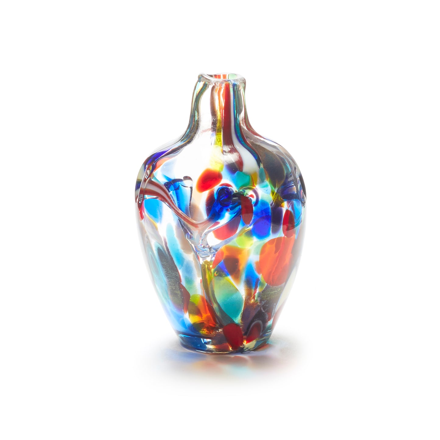 Miniature hand blown glass vase. Purple, blue, yellow, red, orange, green, and white glass. Colour combination is called "Multi."