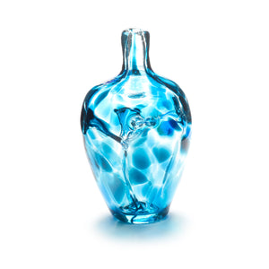 Miniature hand blown glass vase. Teal blue glass. Colour combination is called "Ocean Wave."