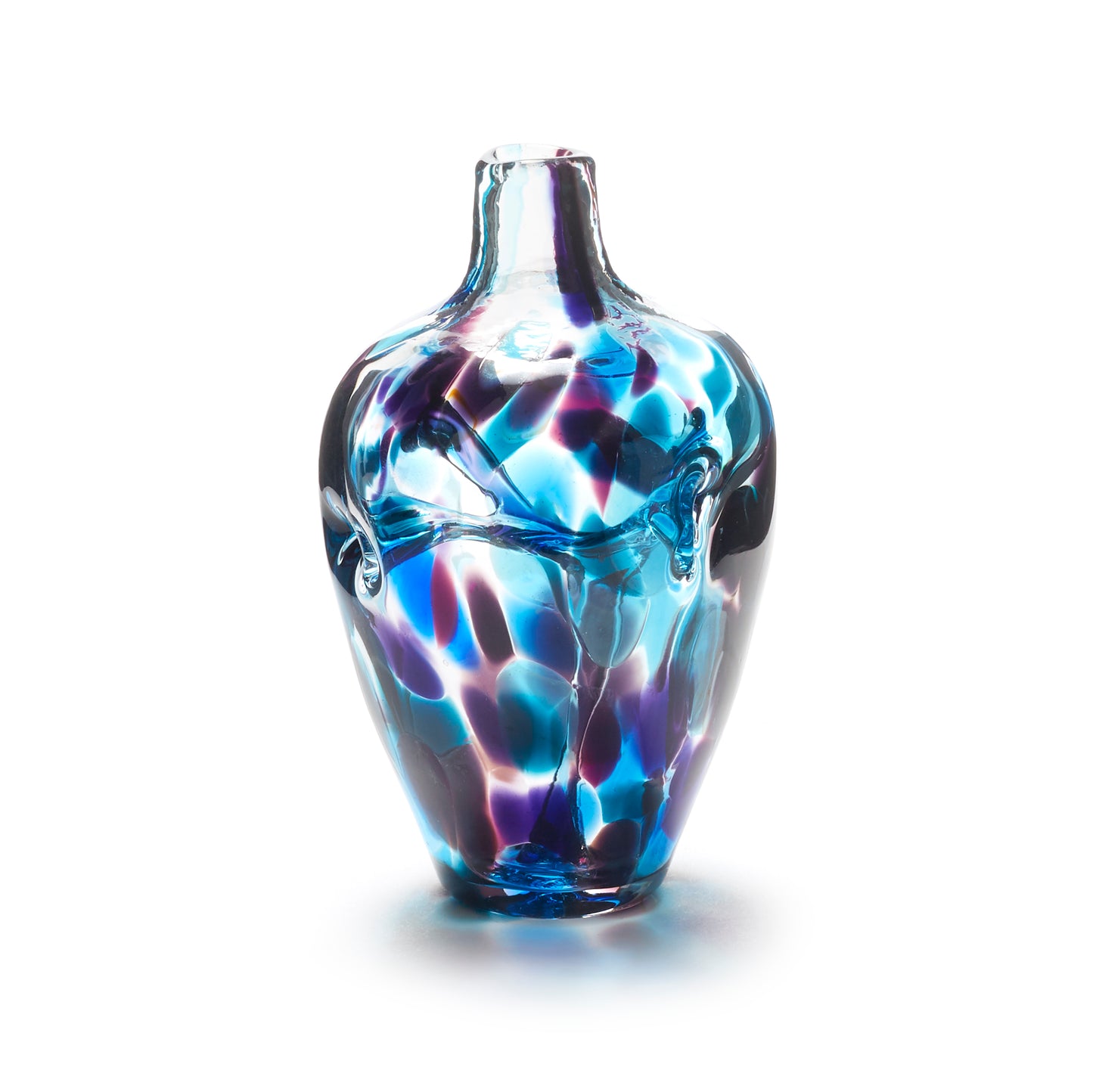 Miniature hand blown glass vase. Teal blue and purple glass. Colour combination is called "Amethyst Teal."