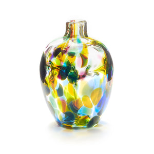 Miniature hand blown glass vase. Purple, blue, green, pink, and yellow glass. Colour combination is called "Spring."
