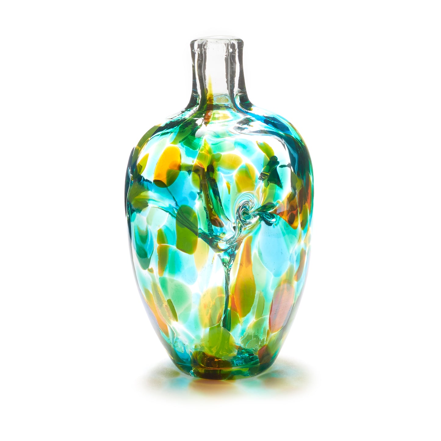 Load image into Gallery viewer, Miniature hand blown glass vase. Teal blue, yellow, and green glass. Colour combination is called &amp;quot;Summer.&amp;quot;
