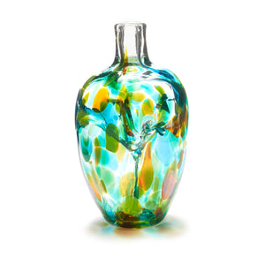 Miniature hand blown glass vase. Teal blue, yellow, and green glass. Colour combination is called "Summer."