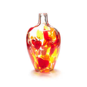 Miniature hand blown glass vase. Red, yellow, and orange glass. Colour combination is called "Sunburst."