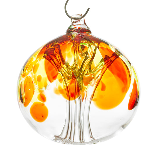 Hand blown glass tree of life ball. Yellow, red, orange, and green glass. Colour combination is called "Autumn."