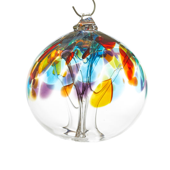 Hand blown glass tree of life ball. Red, blue, purple, and green glass. Colour combination is called "Carnival."