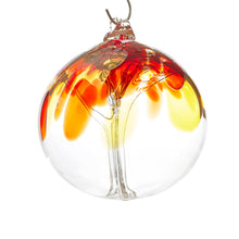 Load image into Gallery viewer, Hand blown glass tree of life ball. Red, yellow, and gold glass. Colour combination is called &quot;Iris Fire.&quot;