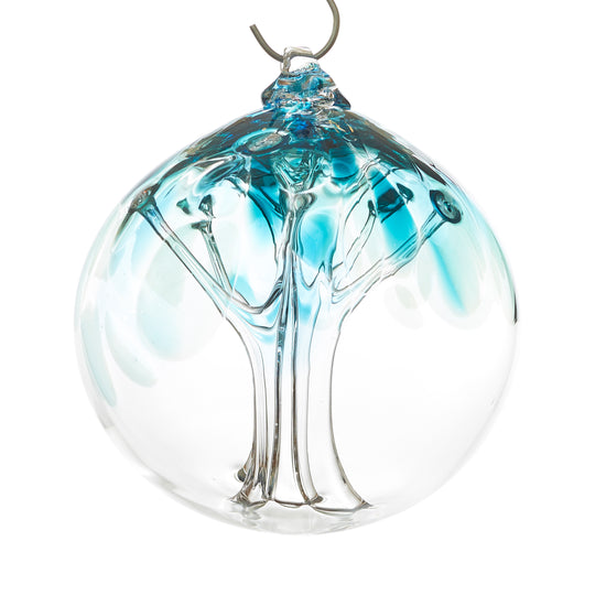 Hand blown glass tree of life ball. Teal blue glass. Colour combination is called "Ocean Wave."