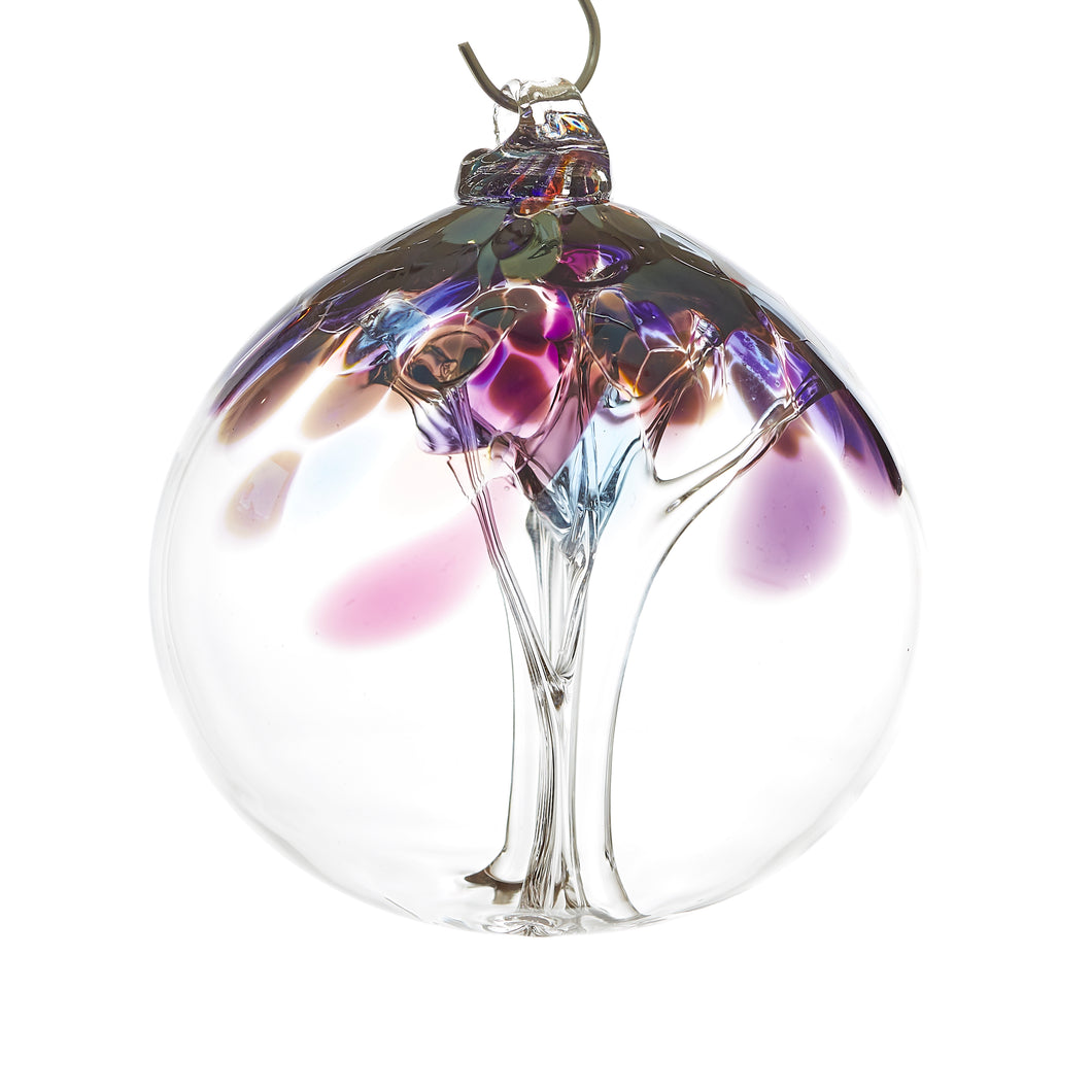 Hand blown glass tree of life ball. Purple and cranberry glass. Colour combination is called 