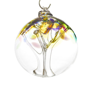 Hand blown glass tree of life ball. Purple, blue, green, pink, and yellow glass. Colour combination is called "Spring."