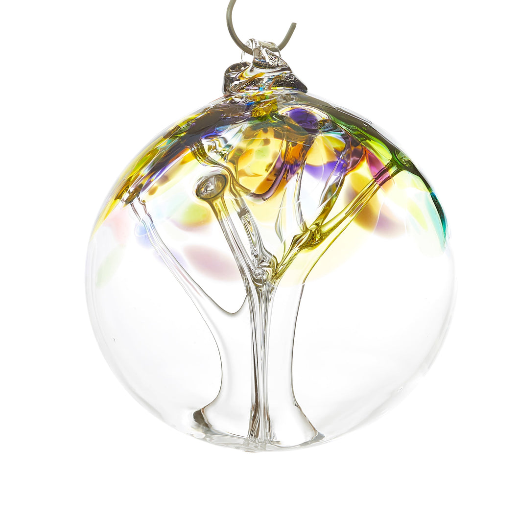 Hand blown glass tree of life ball. Purple, blue, green, pink, and yellow glass. Colour combination is called 