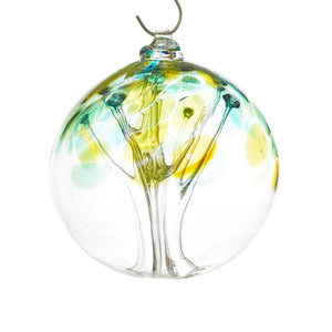 Hand blown glass tree of life ball. Teal blue, yellow, and green glass. Colour combination is called "Summer."