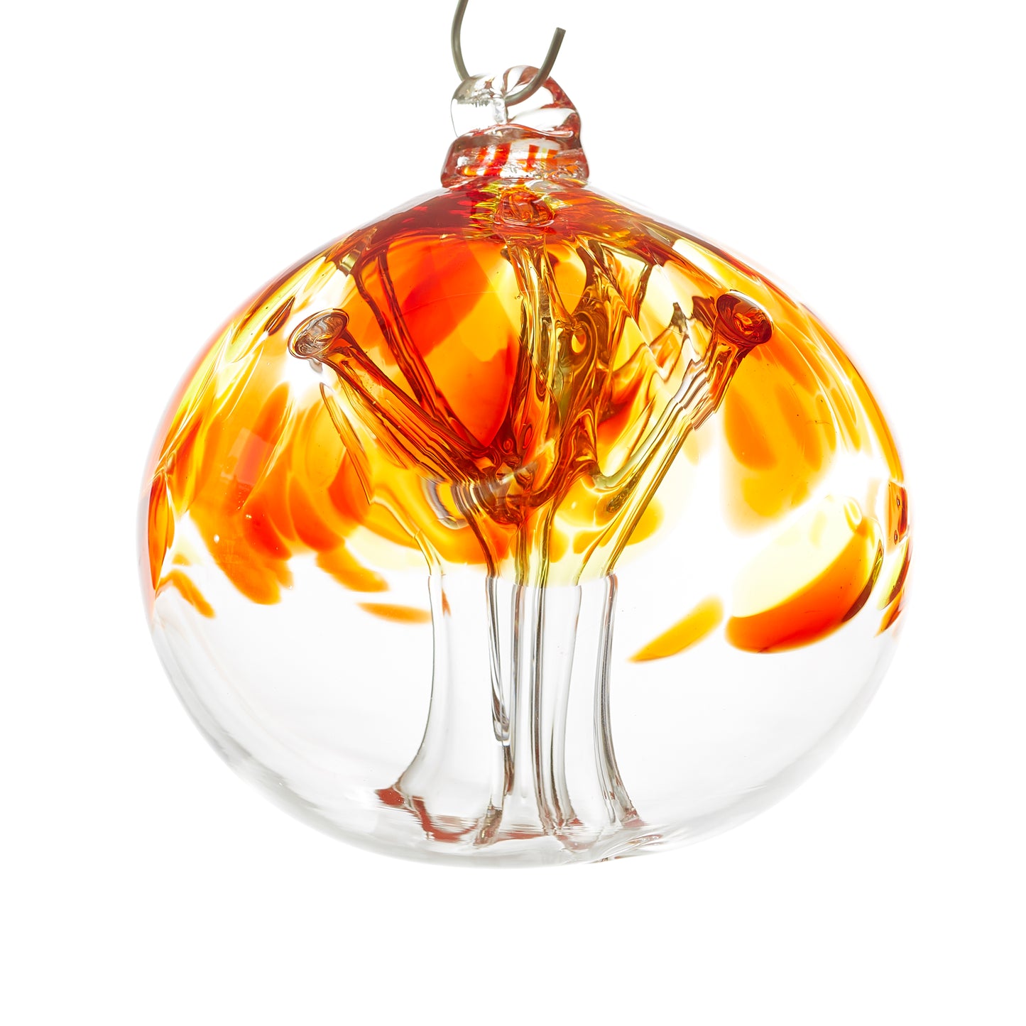 Load image into Gallery viewer, Hand blown glass tree of life ball. Red, yellow, and orange glass. Colour combination is called &amp;quot;Sunburst.&amp;quot;

