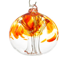 Load image into Gallery viewer, Hand blown glass tree of life ball. Red, yellow, and orange glass. Colour combination is called &quot;Sunburst.&quot;