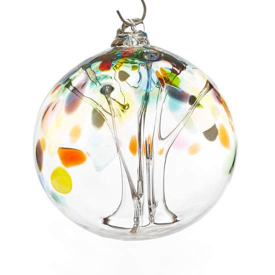 Hand blown glass tree of life ball. Purple, blue, yellow, red, orange, green, and white glass. Colour combination is called "Multi."