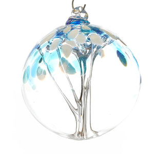 Hand blown glass tree of life ball. Cobalt blue, teal blue, and white glass. Colour combination is called "Winter."
